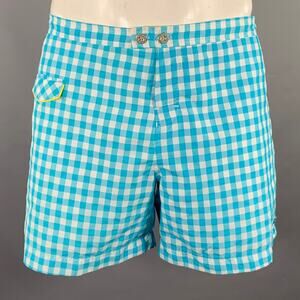 PARKE & RONEN Size 36 Turquoise White Gingham Polyester Blend Swim Trunks